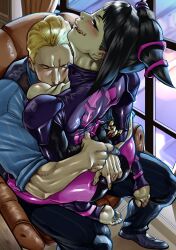 1boy 1girl aarokira absurdres black_hair black_shoes blonde_hair blue_shirt blush chair closed_eyes cody_travers han_juri hetero highres hug licking_lips muscular muscular_male on_chair pants purple_eyes red_nails shirt shoes sitting sleeves_rolled_up street_fighter street_fighter_v striped_clothes striped_pants striped_shirt toned toned_female tongue tongue_out watch