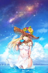 1girl absurdres blonde_hair blush breasts cleavage commentary_request day dress female_focus flower food gluteal_fold green_eyes hat highres ice_cream long_hair looking_at_viewer medium_breasts milky_way navel no_panties ocean open_mouth original see-through_clothes see-through_dress see-through_silhouette shiny_skin sky sleeveless sleeveless_dress smile solo standing star_(sky) straw_hat teeth wading water white_dress wookyung