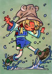 1girl absurdres blonde_hair blue_skirt blue_vest brown_hat brown_shoes closed_eyes closed_mouth commentary_request curtained_hair full_body green_background hair_ribbon hat highres inuyama_konan medium_hair moriya_suwako outstretched_arms parted_bangs red_ribbon ribbon shirt shoes skirt smile solo splashing spread_arms thighhighs touhou vest walking white_shirt white_thighhighs