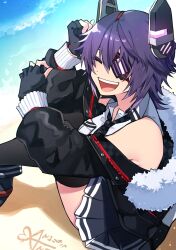 1girl absurdres ai_ai_gasa beach black_gloves black_jacket breast_pocket checkered_necktie collared_shirt dress_shirt eyebrows_hidden_by_hair eyepatch fur-trimmed_jacket fur_trim gloves headgear high-waist_skirt highres jacket kantai_collection necktie one_eye_closed open_mouth partially_fingerless_gloves pocket purple_hair shirt short_hair skirt sleeveless sleeveless_shirt smile solo teeth tenryuu_(kancolle) tenryuu_kai_ni_(kancolle) tsumikitsuki_(katsuobushi) upper_teeth_only white_shirt