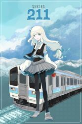 absurdres apple aqua_eyes augustin_tea black_pantyhose black_vest blue_ribbon buttons cloud cloudy_sky collared_shirt colored_eyelashes detached_sleeves east_japan_railway_company food fruit gloves grey_gloves grey_skirt hair_ribbon highres hime_cut holding holding_food holding_fruit japan_railways jr_211_series loafers miniskirt mountainous_horizon multiple_unit_train original pantyhose personification railroad_tracks ribbon shirt shoes skirt sky sleeves_past_wrists train vest white_eyelashes white_hair wipers