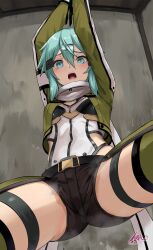 1girl absurdres aqua_eyes aqua_hair arms_up belt black_belt black_leotard black_shorts breasts commentary_request commission green_jacket hair_between_eyes hair_ornament hairclip highres indoors jacket leotard long_sleeves looking_at_viewer medium_breasts multicolored_leotard open_clothes open_jacket open_mouth restrained short_hair short_shorts shorts sinon skeb_commission sword_art_online tea_(nakenashi) thigh_strap thighs two-tone_leotard variant_set white_leotard