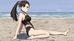 1girl absurdres arm_support back_cutout barefoot beach black_eyes black_hair black_one-piece_swimsuit clothing_cutout competition_swimsuit from_side full_body girls_und_panzer haldeco highres long_hair nishi_kinuyo ocean one-piece_swimsuit outdoors ponytail solo swimsuit