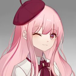 1girl ;3 beret blunt_bangs bow bowtie chinese_commentary closed_mouth collared_shirt commentary_request dot_nose eyelashes fanfanjiadeayuanjiang gradient_background grey_background hat highres light_blush long_hair long_sidelocks miracle_nikki nikki_(nikki) nikki_(series) one_eye_closed pink_eyes pink_hair red_bow red_bowtie red_hat shirt sidelocks simple_background smile solo upper_body very_long_hair wavy_hair white_shirt youth_poem_(miracle_nikki)