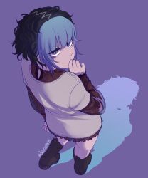 Rule 34 | 1girl, black boots, black hair, blue eyes, blue hair, boots, commentary, english commentary, from above, from behind, full body, grey shirt, hand to own mouth, highres, looking back, miniskirt, multicolored hair, original, shirt, short hair, sintastein, skirt, solo, two-tone hair
