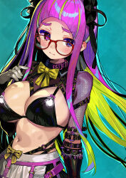 Rule 34 | 1girl, aqua background, arched bangs, arm belt, belt, black belt, black bra, black headdress, black shrug, blush, bondage outfit, bow, bowtie, bra, breasts, closed mouth, glasses, gloves, grey gloves, grey hair, large breasts, long hair, looking to the side, multicolored hair, navel, onono imoko, original, pink belt, pink bow, pink eyes, pink hair, red-framed eyewear, shrug (clothing), skirt, solo, stomach, streaked hair, two-tone hair, underwear, white skirt, yellow bow, yellow bowtie