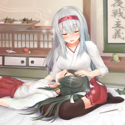 10s 2girls :d absurdres bed bed_sheet black_legwear black_ribbon blush breasts chest_of_drawers closed_mouth drawer closed_eyes flower full_body futon green_hair hair_between_eyes hairband hakama hakama_short_skirt hakama_skirt headband highres hip_vent japanese_clothes kantai_collection kimono lap_pillow large_breasts long_hair long_sleeves mimikaki miniature morutaru multiple_girls on_bed on_lap open_mouth origami paper_crane pleated_skirt red_skirt ribbon room saucer scroll shelf shirt shoukaku_(kancolle) silver_hair sitting skirt sleeping smile swimsuit thighhighs tissue tissue_box toy_airplane twintails upper_body wariza white_shirt zettai_ryouiki zuikaku_(kancolle) zzz