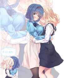 2girls absurdres asymmetrical_docking black_overalls black_pantyhose blue_bow blue_hair blue_shirt blunt_bangs blush bow braid breast_press breasts brown_hair brown_skirt chibi chibi_inset closed_eyes commentary_request embarrassed feet_out_of_frame flying_sweatdrops furutani_himawari grey_background hair_between_eyes hair_bow hair_intakes hair_ornament hairband hairclip high-waist_skirt highres hug juliet_sleeves large_breasts long_sleeves looking_at_viewer looking_to_the_side medium_hair multiple_girls nose_blush oomuro_sakurako overalls pantyhose parallel_hairclips puffy_sleeves red_hairband shirt simple_background single_braid skirt small_breasts speech_bubble standing sweatdrop takahero thought_bubble upturned_eyes v-shaped_eyebrows wavy_hair white_shirt yellow_eyes yuri yuruyuri