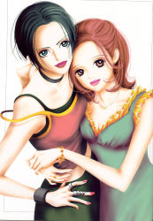 2girls black_hair bracelet brown_eyes brown_hair choker earrings grey_eyes highres jewelry komatsu_nana multiple_girls nana_(manga) nana_(series) necklace official_art oosaki_nana osaki_nana ring scan scan_artifacts