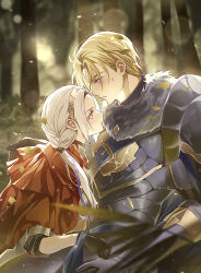 1boy 1girl absurdres armor black_gloves blonde_hair blurry blurry_background capelet closed_mouth couple dated_commentary depth_of_field dimitri_alexandre_blaiddyd edelgard_von_hresvelg fire_emblem fire_emblem:_three_houses fire_emblem_warriors:_three_hopes from_side fur_trim gloves green_background hair_over_shoulder hand_up headpiece highres leaning_back leaning_forward light_blush light_particles long_hair looking_at_another looking_down looking_up low_ponytail muscular muscular_male nintendo official_alternate_costume official_alternate_hairstyle outdoors parted_bangs ponytail purple_eyes red_capelet short_hair soma_otakuu sweatdrop white_hair