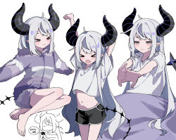 &gt;_&lt; 1girl ahoge alternate_costume black_shorts blush commentary_request demon_girl demon_horns demon_tail dolphin_shorts fangs fur-trimmed_jacket fur_trim hair_between_eyes highres holding holding_phone hololive horns jacket la+_darknesss long_hair multicolored_hair navel phone pointy_ears poka1030 purple_hair shirt short_hair shorts sidelocks skin_fangs streaked_hair stretching striped_horns tail very_long_hair virtual_youtuber white_hair white_shirt yellow_eyes