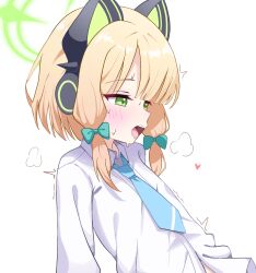 1girl animal_ear_headphones animal_ears aqua_necktie blonde_hair blue_archive blunt_bangs blush bow cardcat_00 cat_ear_headphones cat_ears collared_shirt commentary dress_shirt drooling fake_animal_ears green_bow green_eyes green_halo hair_bow halo headphones heart highres implied_sex korean_commentary leaning_back long_sleeves low-tied_sidelocks medium_hair midori_(blue_archive) midriff_peek mouth_drool necktie no_jacket open_mouth out-of-frame_censoring parted_bangs profile school_uniform shirt sidelocks simple_background solo sweat teeth trembling upper_body upper_teeth_only white_background white_shirt wing_collar