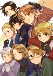 6+boys ahoge america_(hetalia) arm_on_another&#039;s_head axis_powers_hetalia black_gloves black_hair black_jacket blonde_hair blue_eyes blue_jacket blue_necktie blush brown-framed_eyewear brown_eyes brown_jacket buttons china_(hetalia) closed_eyes closed_mouth coat collared_shirt commentary_request everyone floating_hair flower formal_clothes france_(hetalia) from_side fur-trimmed_jacket fur_trim germany_(hetalia) glasses gloves green_jacket grey_hair hand_on_another&#039;s_shoulder hands_up highres index_finger_raised jacket japan_(hetalia) lapels long_hair long_sleeves looking_at_another looking_at_viewer low_ponytail male_focus mandarin_collar military_jacket military_uniform multiple_boys nanko_rakugaki necktie northern_italy_(hetalia) one_eye_closed open_clothes open_jacket open_mouth orange_eyes own_hands_together ponytail puffy_long_sleeves puffy_sleeves purple_coat purple_eyes red_jacket red_necktie red_sash russia_(hetalia) sash scarf semi-rimless_eyewear shirt short_hair sidelocks smile star_(symbol) suit_jacket teeth united_kingdom_(hetalia) upper_body v-shaped_eyebrows white_background white_gloves white_sash white_scarf white_shirt wing_collar