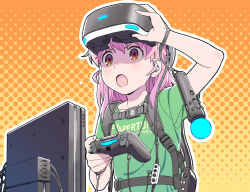 1girl :o aperture_laboratories blush brown_eyes collarbone controller female_focus game_console game_controller green_shirt hair_between_eyes halftone halftone_background head-mounted_display holding long_hair oculus_rift open_mouth orange_background original pink_hair playstation_4 playstation_vr portal_(series) portal_1 shirt shiwasu_takashi short_sleeves solo sony