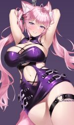 1girl absurdres animal_ears antenna_hair armpits arms_up blush bound bound_arms breasts chain dress extra_ears hakui_koyori hakui_koyori_(dark_maid) heart heart_o-ring highres hololive large_breasts long_hair navel o-ring o-ring_thigh_strap pink_hair pink_lips purple_dress purple_eyes solo stomach tail teeth thigh_strap thighs virtual_youtuber wolf_ears wolf_girl wolf_tail yumemori_jabara