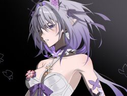 1girl bare_shoulders black_background breasts castorice_(honkai:_star_rail) commentary dress flower glowy_(gloww) grey_hair hair_flower hair_intakes hair_ornament highres honkai:_star_rail honkai_(series) looking_at_viewer pink_flower purple_eyes small_breasts solo upper_body white_dress