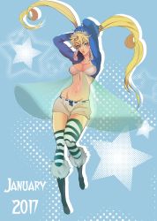 Rule 34 | 1girl, arms up, babydoll, blonde hair, blue eyes, blue jacket, boots, breasts, cropped jacket, facial mark, fur-trimmed boots, fur trim, genderswap, genderswap (mtf), highres, hood, hoodie, jacket, jonya, long hair, midriff, naruko (naruto), naruto, naruto (series), sexy no jutsu, short shorts, shorts, solo, striped clothes, striped thighhighs, thighhighs, toned, twintails, whisker markings
