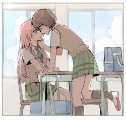 2girls bag bang_dream! bang_dream!_it&#039;s_mygo!!!!! black_socks blue_sky blush brown_eyes brown_sweater_vest chihaya_anon classroom closed_mouth cloud collared_shirt commentary_request day desk green_necktie green_skirt grey_eyes grey_hair hand_on_another&#039;s_face haneoka_school_uniform highres indoors kneehighs long_hair misumi_suki multiple_girls necktie parted_lips pink_hair pleated_skirt school_bag school_desk school_uniform shirt shoes short_hair short_sleeves sitting skirt sky socks sweatdrop sweater_vest takamatsu_tomori white_shirt white_shoes yuri