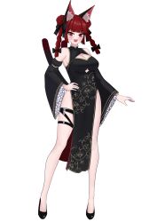1girl :d absurdres alternate_costume alternate_hairstyle animal_ear_fluff animal_ears black_bow black_dress black_shoes black_sleeves blunt_bangs blush bow braid breasts canonball_(dungigi12) cat_ears cat_girl cat_tail china_dress chinese_clothes cleavage cleavage_cutout clothing_cutout commentary_request detached_sleeves double_bun dress frilled_sleeves frills full_body hair_bow hair_bun hands_on_own_hips highres kaenbyou_rin korean_commentary large_breasts long_hair looking_at_viewer multiple_tails open_mouth pelvic_curtain red_eyes red_hair shoes simple_background smile solo tail touhou transparent_background twin_braids two_tails underboob_cutout