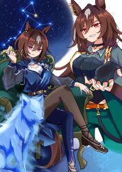 Rule 34 | 1girl, animal ears, asymmetrical pants, belt, black choker, black pants, blue dress, blue pants, blush, breasts, brown belt, brown hair, choker, closed mouth, clothing cutout, collarbone, commentary, cowboy shot, dress, ear ornament, from side, grey shirt, grin, hair between eyes, hair bun, high heels, highres, horse ears, horse girl, horse tail, jacket, jewelry, logo, long hair, long sleeves, medium breasts, midriff peek, mokuroo, multicolored hair, multiple views, navel, night, night sky, official alternate costume, official alternate hairstyle, on chair, pants, pendant choker, reaching, reaching towards viewer, red eyes, ring, see-through clothes, see-through sleeves, shirt, short hair, sirius symboli (louve stellaire) (umamusume), sirius symboli (umamusume), sitting, sky, smile, spirit, star (sky), streaked hair, tail, tail through clothes, two-tone pants, umamusume, very long hair, white hair, wolf