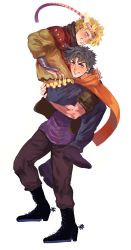 2boys baiyishaonian_huam black_hair blonde_hair boots caesar_anthonio_zeppeli coat headband highres jacket jojo_no_kimyou_na_bouken joseph_joestar joseph_joestar_(young) multiple_boys scarf spurs