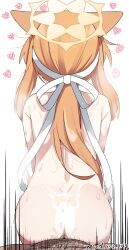 1boy 1girl animal_ears ass blonde_hair blue_archive cat_ears cat_girl completely_nude halo headband heart hetero highres loli long_hair mari_(blue_archive) no_tail nude ponytail pov sex sex_from_behind sweat teruisi vaginal white_headband yellow_halo