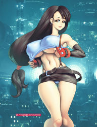 1girl black_hair breasts brown_eyes camelot female_focus final_fantasy final_fantasy_vii large_breasts no_bra panties solo supersatanson thigh_gap tifa_lockhart underboob underwear