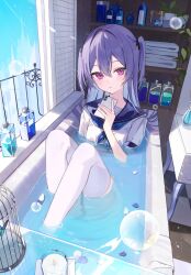 1girl asashin_(asn) bathtub birdcage blue_butterfly blue_neckerchief blue_sailor_collar blue_sky blush bottle bubble bug butterfly cabinet cage candle cellphone closed_mouth commentary day expressionless glass hair_between_eyes hair_spread_out hand_up highres holding holding_phone indoors insect jar knees_up lens_flare light_particles long_hair looking_at_viewer neckerchief open_window original partially_submerged petals petals_on_liquid phone plant potted_plant purple_eyes purple_hair railing sailor_collar shirt short_sleeves sitting sky smartphone soap_bottle solo symbol-only_commentary table thighhighs thighs tile_floor tiles towel two_side_up very_long_hair water wet white_shirt white_thighhighs window