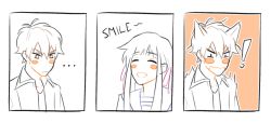 ! ... 1boy 1girl animal_ears blush cat_boy cat_ears claireiosity closed_eyes collared_shirt comic embarrassed english_text eyebrows fruits_basket furrowed_brow hair_between_eyes hetero honda_tooru left-to-right_manga light_blush long_hair open_mouth orange_background school_uniform shirt short_hair sidelocks smile sohma_kyou sound_effects surprised white_background