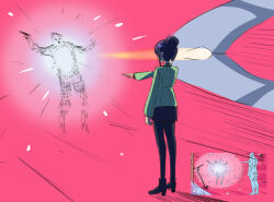 Rule 34 | 1boy, 1girl, comic panel redraw, derivative work, disintegration, dr. manhattan, dr. manhattan kills rorschach (meme), funnels (gundam), gfred, gun, gundam, gundam gquuuuuux, hair bun, holding, holding gun, holding weapon, long sleeves, meme, military uniform, miniskirt, nyaan (gundam gquuuuuux), pantyhose, reference inset, sketch, skirt, spoilers, uncleduk, watchmen, weapon, zeon