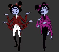 1girl acenth arthropod_girl black_footwear black_hair black_pants boots bow bug clenched_hand colored_skin commentary english_commentary extra_arms extra_eyes fangs grey_background hair_bow hands_on_own_legs hands_up insect_girl jacket knee_boots looking_at_viewer monster_girl muffet multiple_views pants pink_bow pink_jacket purple_skin red_bow red_shirt shirt short_hair short_twintails simple_background smile spider spider_girl twintails two_side_up undertale white_pants