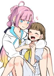 2girls :d ^_^ ahoge anyoji_hime black_ribbon blonde_hair blue_dress blue_eyes blush brown_hair center-flap_bangs closed_eyes closed_mouth commentary_request dress feet_out_of_frame gradient_hair hair_intakes hair_ribbon hasu_no_sora_school_uniform heart highres hood hooded_jacket hug jacket kachimachi_kosuzu link!_like!_love_live! long_hair love_live! medium_dress multi-tied_hair multicolored_hair multiple_girls namazakana_kuenai neckerchief open_clothes open_jacket open_mouth pink_hair pleated_dress ponytail puffy_short_sleeves puffy_sleeves ribbon sailor_collar sailor_dress school_uniform short_sleeves simple_background sitting smile summer_uniform teeth three-quarter_sleeves upper_teeth_only virtual_youtuber white_background white_jacket white_sailor_collar yellow_neckerchief