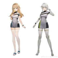 2girls absurdres blonde_hair blue_eyes doll_joints dushevnaya_(girls&#039;_frontline_2) elmo_dormitory_outfit full_body girls&#039;_frontline girls&#039;_frontline_2:_exilium green_ribbon hair_ribbon hand_on_own_chest highres joints ksvk_(girls&#039;_frontline) multiple_girls official_art ribbon saikoro_xiangcai_miaomiao_wu sandals suomi_(girls&#039;_frontline) suomi_(girls&#039;_frontline_2) tachi-e thighhighs v v_over_eye watermark weibo_username weibo_watermark white_background white_hair white_thighhighs