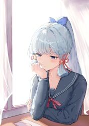 1girl alternate_costume ayaka_(genshin_impact) black_sailor_collar black_shirt blue_bow blue_eyes blunt_bangs blush bow classroom collarbone desk genshin_impact grey_hair hair_bow hair_ribbon hakugyokurou_no_oojou-sama head_rest high_ponytail highres indoors long_hair mole mole_under_eye neck_ribbon pink_ribbon ponytail ribbon sailor_collar sailor_shirt shirt sidelocks sitting solo