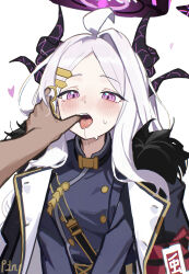 1girl absurdres ahoge black_coat black_halo blue_archive breasts coat coat_on_shoulders demon_girl demon_horns halo highres hina_(blue_archive) horns long_hair looking_at_viewer p1n purple_eyes sensei_(blue_archive) simple_background small_breasts solo white_background white_hair