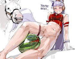 1girl alterkyon animal_ears between_thighs blunt_bangs bottomless breasts commentary english_text food fruit gloves gold_ship_(umamusume) grey_hair highres horse horse_ears horse_girl long_hair looking_at_viewer medium_breasts navel pillbox_hat purple_eyes pussy smile thigh_strap umamusume uncensored watermelon white_background white_gloves white_horse