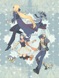 1boy 2girls alternate_costume black_legwear blonde_hair bracelet closed_mouth commentary cynthia_(pokemon) dawn_(pokemon) gen_4_pokemon hat high_heels highres jacket jewelry long_hair lucas_(pokemon) miyaulait multiple_girls nintendo orange_shoes pants piplup pokemon pokemon_(creature) pokemon_dppt riolu shinx shirt shoes short_hair short_sleeves skirt smile thighhighs
