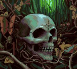 animated animated_gif brown_butterfly bug butterfly commentary day english_commentary flapping grass hby_stuff insect no_humans original outdoors pixel_art skull thorns