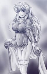 Rule 34 | 1girl, 2000s (style), abriel00, blush, braid, breasts, clothes lift, commentary request, covered erect nipples, covered navel, cowboy shot, cross, cross necklace, garter straps, greyscale, jewelry, juliet sleeves, large breasts, long hair, long sleeves, looking at viewer, monochrome, multiple braids, necklace, open mouth, panties, priest (ragnarok online), puffy sleeves, ragnarok online, skirt, skirt lift, smile, solo, thighhighs, underwear