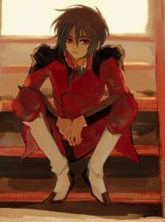 Rule 34 | 1boy, black hair, boots, full body, gundam, gundam seed, jacket, knee boots, long sleeves, looking at viewer, male focus, military jacket, military uniform, pants, red eyes, red jacket, she (morianosu), shinn asuka, short hair, sitting, solo, zaft uniform