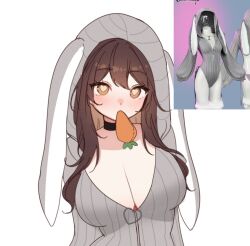 Rule 34 | ahoge, black choker, breasts, brown eyes, brown hair, carrot, choker, grey leotard, hazel eyes, heart, heart ahoge, huge ahoge, indie virtual youtuber, large breasts, leotard, long bangs, long hair, looking at viewer, pajamas, rabbit pajamas, reference inset, sky above me, sky above me (vtuber), virtual youtuber, zipper