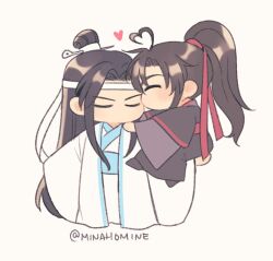 Rule 34 | 2boys, ahoge, black boots, black hair, black hanfu, blue sash, boots, brown hair, carrying, carrying person, chibi, chibi only, chinese clothes, closed eyes, hair ribbon, hanfu, headband, heart, heart ahoge, high ponytail, kiss, kissing cheek, lan wangji, long hair, long sleeves, male focus, minataka94, modao zushi, multiple boys, ponytail, red ribbon, red sash, ribbon, robe, sash, sidelocks, simple background, standing, topknot, twitter username, very long hair, wei wuxian, white background, white hanfu, white headband, wide sleeves, xiao guan (headdress), yaoi