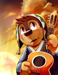 1boy blush bodi_(rock_dog) brown_fur cloud cloudy_sky dog_boy dog_nose furry furry_male guitar holding holding_guitar holding_instrument instrument looking_up male_focus neal56001 open_mouth rock_dog sky smile twilight