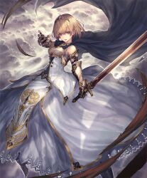 1girl armor armored_boots aurelia_(shadowverse) bare_shoulders blonde_hair blue_cape blue_eyes boots breasts cape cloud cloudy_sky crown dress feet_out_of_frame fighting_stance frilled_dress frills frown gauntlets gold_trim medium_breasts official_art sabaton shadowverse short_hair sky solo standing sword tachikawa_mushimaro weapon