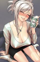 Rule 34 | 1girl, beer can, black skirt, blush, breasts, can, cleavage, closed eyes, drink can, dynamitenatalia, fate/grand order, fate (series), highres, holding, holding can, jewelry, long sleeves, miniskirt, miyamoto musashi (fate), necklace, parted lips, shirt, sitting, skirt, smile, socks, solo, white hair, white shirt, white socks