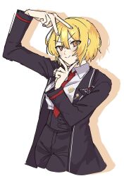 1girl black_coat black_pants blonde_hair coat collared_shirt don_quixote_(project_moon) highres limbus_company long_sleeves looking_at_viewer necktie orange_eyes pants project_moon red_necktie shirt short_hair simple_background smile solo standing upper_body v white_background white_shirt xxed_h