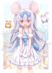 &gt;_&lt; 1girl :d animal animal_ears bag bare_shoulders blue_archive blue_bow blush bow closed_eyes collarbone commentary_request commission detached_sleeves dress ear_tag fang feet_out_of_frame grey_hair hair_between_eyes hair_bow halo harada_(sansei_rain) heart highres long_hair looking_at_viewer mouse_(animal) mouse_ears mouse_girl mouse_tail notched_ear open_mouth puffy_short_sleeves puffy_sleeves red_eyes saya_(blue_archive) short_eyebrows short_sleeves shoulder_bag skeb_commission sleeveless sleeveless_dress smile solo standing tail thick_eyebrows very_long_hair white_sleeves xd