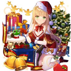 1girl bare_legs bell blonde_hair blunt_bangs box cake choker christmas_cake christmas_tree dress food gift gift_box gloves green_eyes hat lina_princella long_hair off-shoulder_dress off_shoulder red_choker red_gloves red_shoes ribbon_choker salt_(salty) santa_costume santa_dress santa_hat shoes uchi_no_hime-sama_ga_ichiban_kawaii very_long_hair