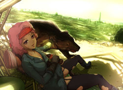 1girl animal bear dark-skinned_female dark_skin fallout fallout_3 garter_belt gun hairband headband lone_wanderer maruwa_tarou nuka_cola pink_hair rifle short_hair thighhighs torn_clothes torn_legwear weapon yao_guai