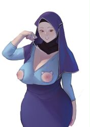 1girl breasts cat_cutout cleavage clothing_cutout curvy hijab jewelry large_breasts looking_at_viewer mature_female necklace nipple_cutout original pencil_skirt red_eyes simple_background skirt yohohoho